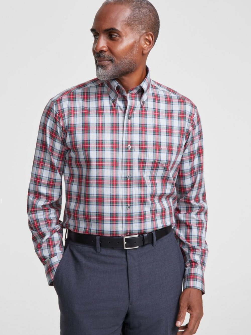 Club Room Men's Regular-Fit Randall Plaid Dress Shirt, Macy's Heather Grey NWT